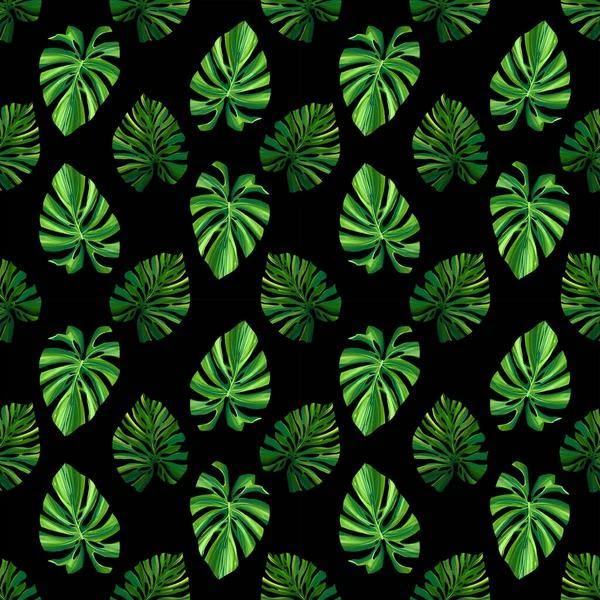 Modello digitale giungla con foglie di palma monstera su sfondo scuro. Design del tessuto tropicale estivo senza cuciture. Illustrazione disegnata a mano — Foto Stock