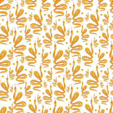 Turuncu yılanlı egzotik desenler ve beyaz arka planda grafik elementler. El çizimi illüstrasyon