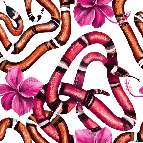 Exotický Vzor Bezešvé Králem Hadů Růžový Ibišek Tmavém Pozadí Ručně — Stock fotografie
