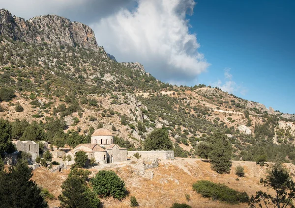 Εγκαταλελειμμένα παλιά ορθόδοξη χριστιανική εκκλησία και το δέντρο της ελιάς — Φωτογραφία Αρχείου