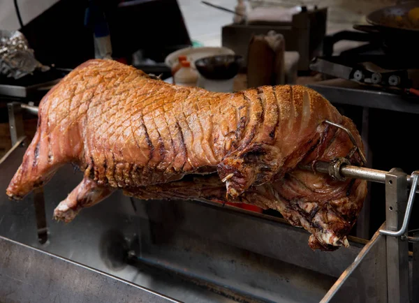 Bütün kavrulmuş domuz hayvan tükürmek çelik üzerinde pişmiş. — Stok fotoğraf