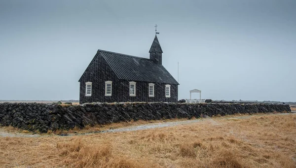 Famous Picturesque Black Church Budir Snaefellsnes Peninsula Region Iceland Heavy — Stock Photo, Image