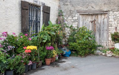 Ahşap kapılı ve pencereli geleneksel Kıbrıs avlusu