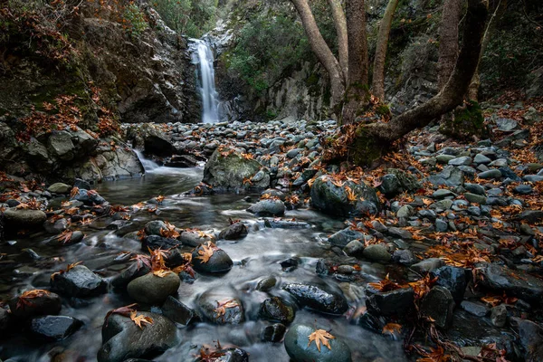 Outono paisagem cachoeira espirrando no cânion e amarelo a — Fotografia de Stock