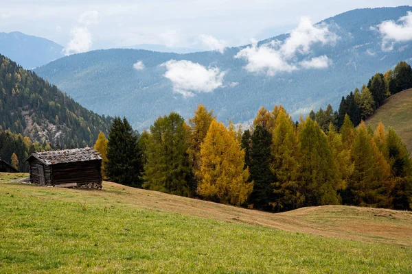Piękne górskie drewniane domki Alpe di Siusi dolina na Do — Zdjęcie stockowe
