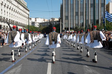 Greek presidential evzone guards parading at Syntagam Square in  clipart