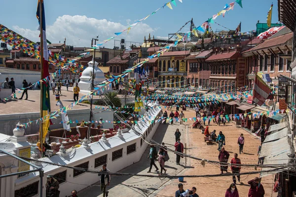 Ünlü Boudha Stupa Daki Insanlar Nepal Deki Kathmandu Şehrindeki Büyük — Stok fotoğraf