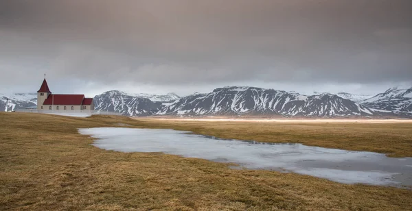 Traditional Icelandic Church Red Roof Reflected Frozen Lake Snaefellsnes Peninsula — Stock Photo, Image