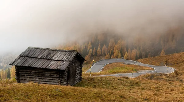 Krajobraz Piękną Jesienno Żółtą Łąką Drewnianą Chatką Dolinie Passo Gardena — Zdjęcie stockowe