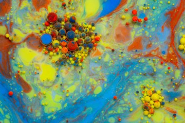 Renkli ve yaratıcı arka plan yağlı ve sütle karıştırılmış çeşitli renkler renkli kabarcıklar ve renkler yaratıyor.