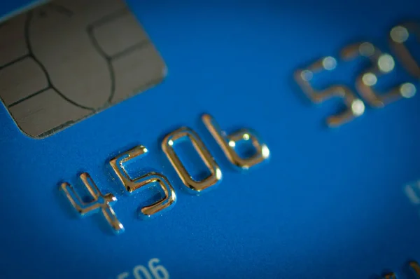 Κοντινές Λεπτομέρειες Μιας Μπλε Πιστωτικής Κάρτας Έξοδα Πλαστικού Χρήματος — Φωτογραφία Αρχείου
