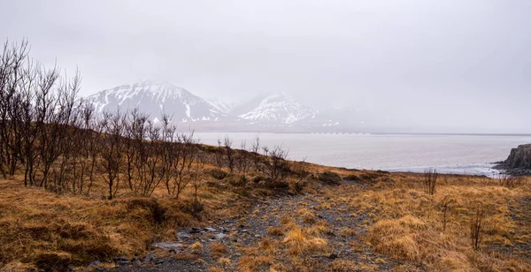 Vackert Och Lugnt Islandskap Med Sjö Och Snöiga Fjäll Island — Stockfoto