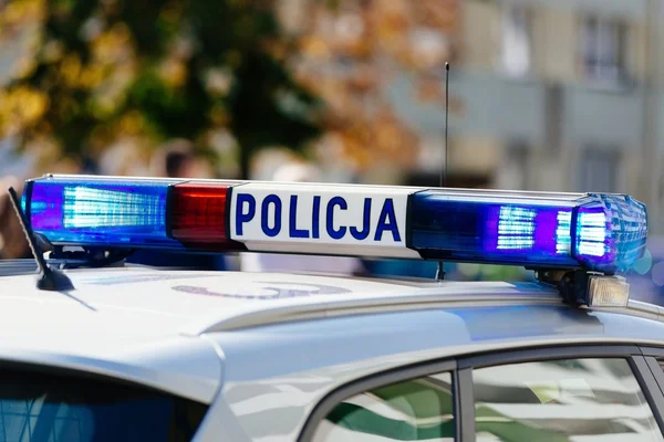 Flashing police blue lights mounted on the roo — Stock Photo, Image