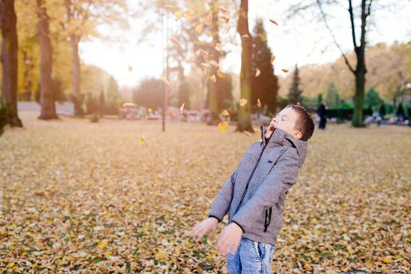 Niño feliz jugando con hojas coloridas — Foto de Stock