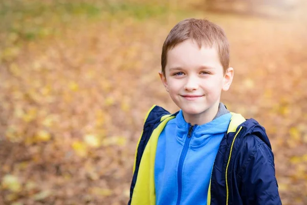 Happy smiling little boy in blue jacket in park — Stock Photo, Image