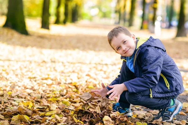 Feliz sorrindo menino brincando com folhas — Fotografia de Stock