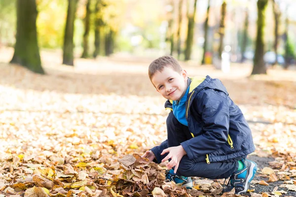 快乐微笑的小男孩玩树叶 — 图库照片