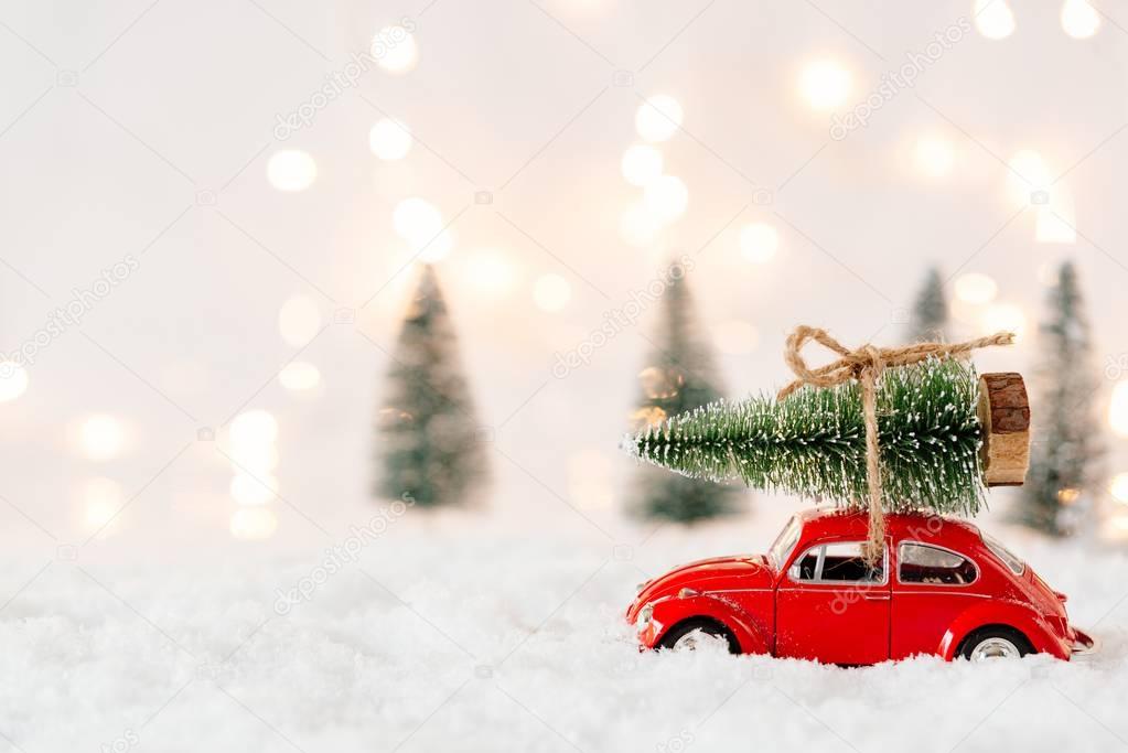 Little red car toy carrying Christmas tree