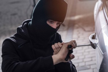 Siyah yün arabaya girmeye çalışan Oto hırsızı