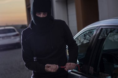 Siyah yün arabaya girmeye çalışan Oto hırsızı