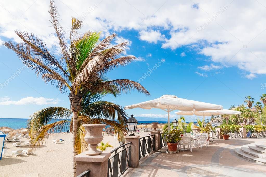 View on beach and ocean, tropical resort