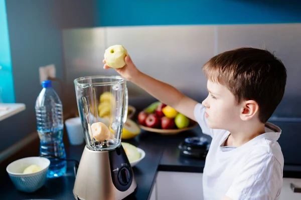 Lilla barn pojke sätter apple till blender — Stockfoto