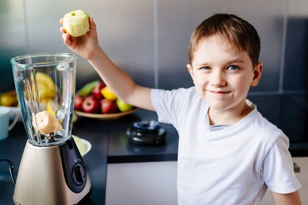 Lilla barn pojke sätter apple till blender — Stockfoto