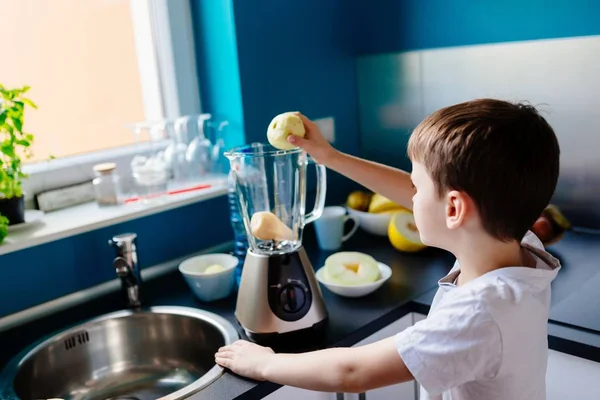 Lilla barn pojke sätter apple till blender — Stockfoto