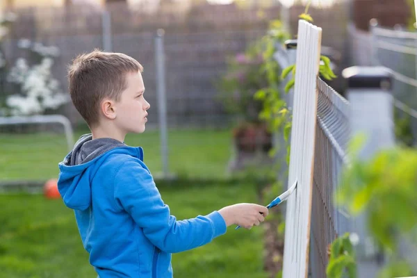 小男孩儿童绘画在花园的篱笆 — 图库照片