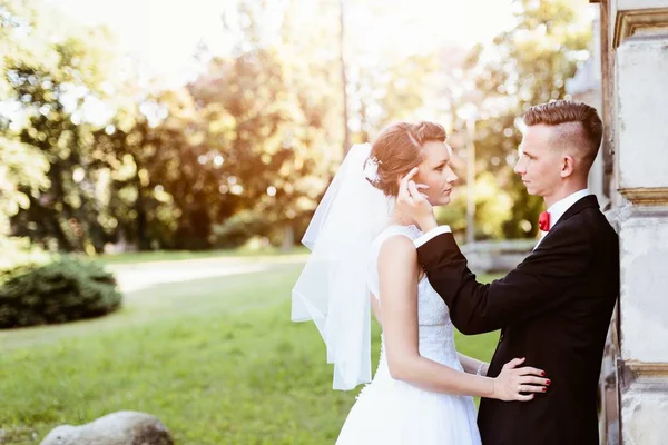 Young groom gently touching brides cheek — Stock Photo, Image