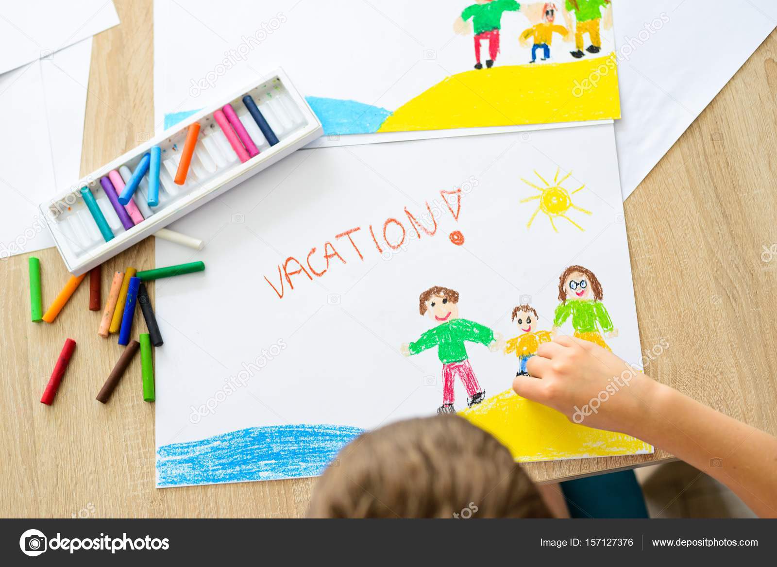 Vacances Pastel Huile Dessin De Famille Heureuse Sur La