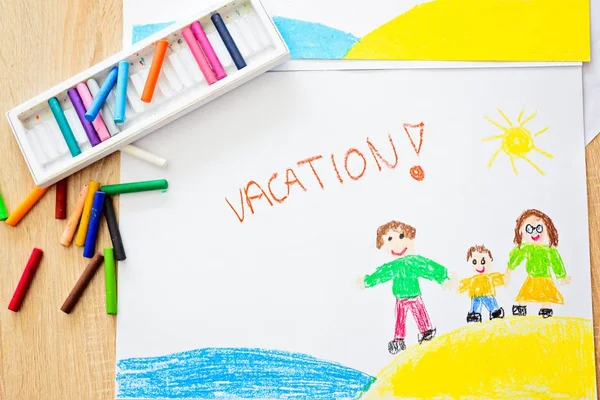 Vacaciones - dibujo al óleo pastel de la familia feliz en la playa — Foto de Stock