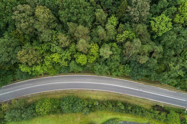 Aerial view on asphalt road through the forest