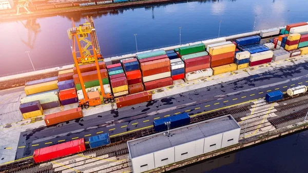 Aerial view on containers in cargo terminal — Stock Photo, Image