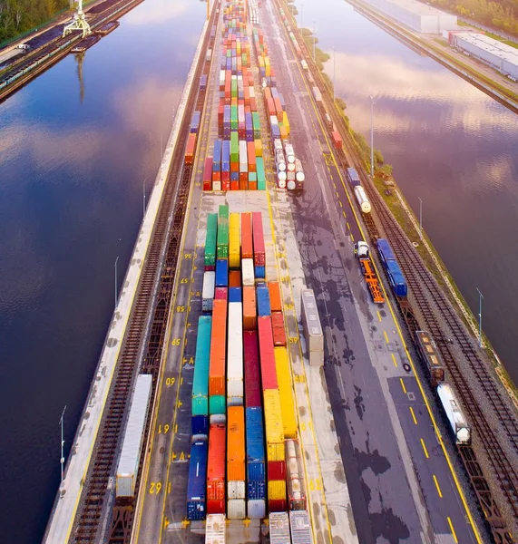 Aerial view on cargo containers in harbour. — Stock Photo, Image