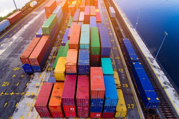 Aerial view on cargo containers in harbour. — Stock Photo, Image