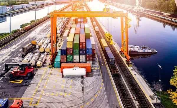 Aerial view on containers in cargo terminal — Stock Photo, Image