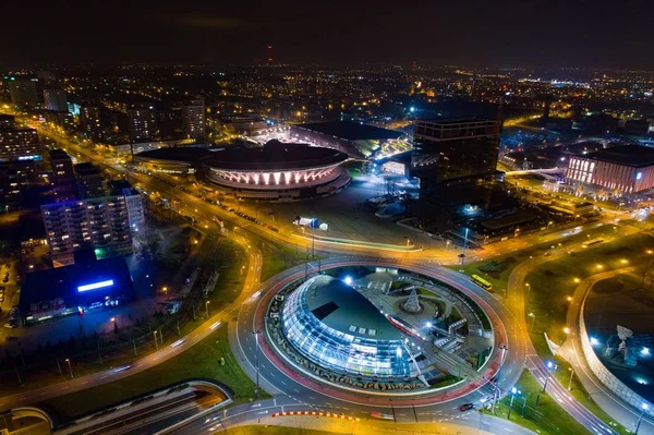 Katowice dolambaçlı geceleri hava dron görünümü. — Stok fotoğraf