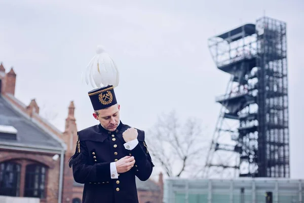 Man in black coal foreman miner gala uniform. — Stock Photo, Image