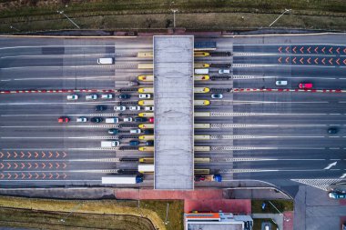 Aerial drone view on toll collection point clipart