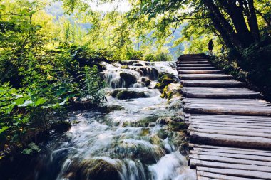 Ahşap yol güzel nehir cascades üzerine