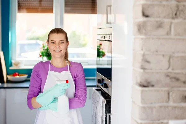 Young Woman Rubber Gloves Holding Mop Bucket Detergents Maid Cleaning — Stock Photo, Image
