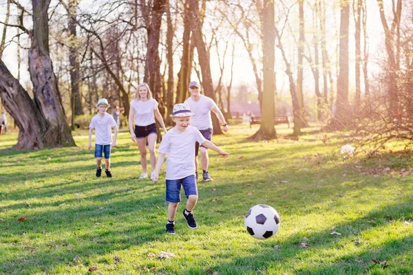 Семья играет в футбол в парке . — стоковое фото