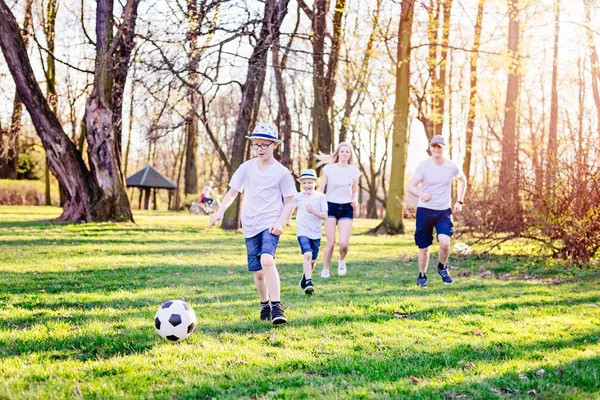 Rodina hrát fotbal na zelené trávě v parku. — Stock fotografie