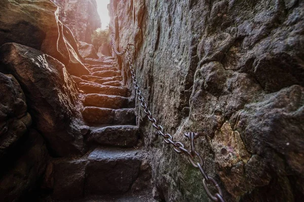 Rock stairs on footpath to Szczeliniec Wielki mountain