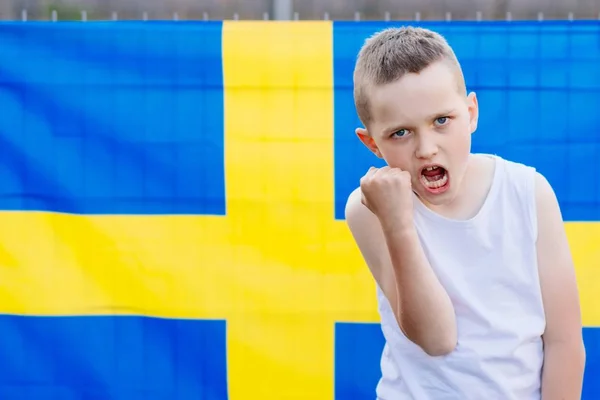 Sveriges Fodboldlandshold Barn Dreng Med Fodbold Svensk Flag - Stock-foto