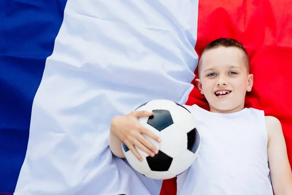 Frankrike Herrlandslag Fotboll Barn Pojke Med Fotboll Boll Och Franska — Stockfoto