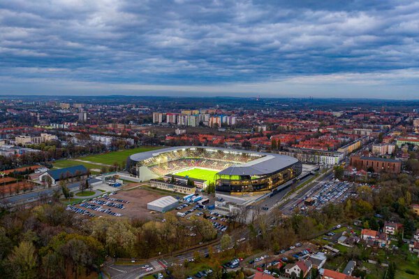 Aerial drone view on Zabrze city and stadium