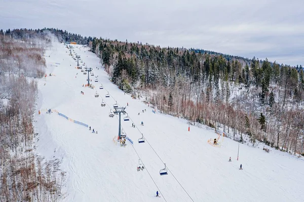 Aerial drone on ski jump tower in Wisla Malinka