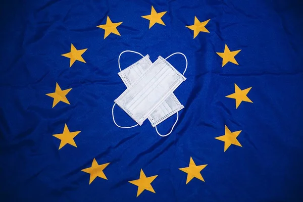 Lékařská Maska Vlajce Evropské Unie Koronavirus — Stock fotografie